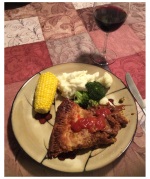 Dinner: a slice of meat pie served with veges and a glass of red wine!